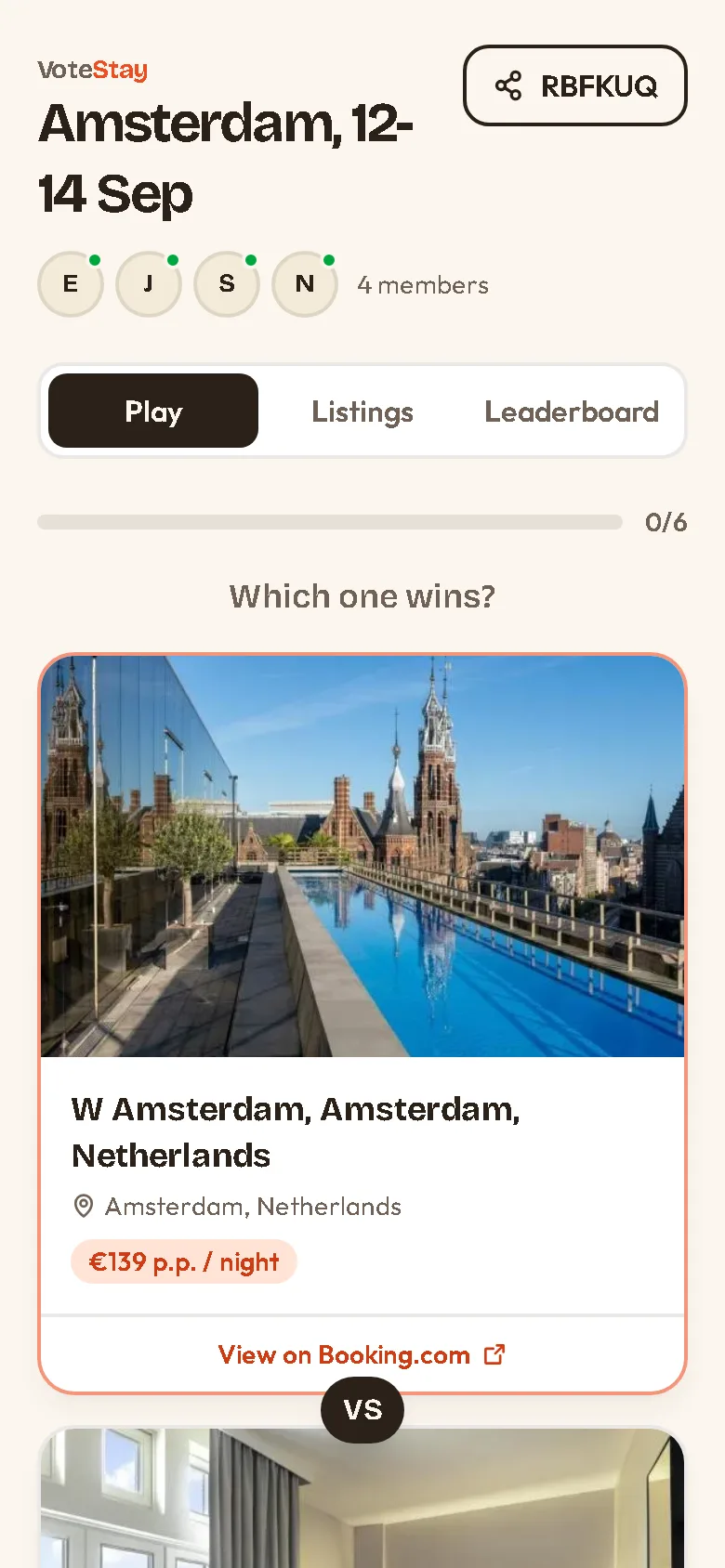 VoteStay matchup screen with two Amsterdam hotels